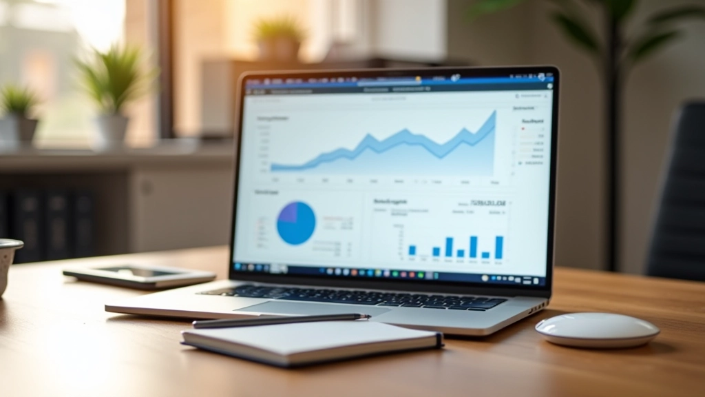 Laptop-Bildschirm zeigt Finanz-Dashboard mit Grafiken und Statistiken