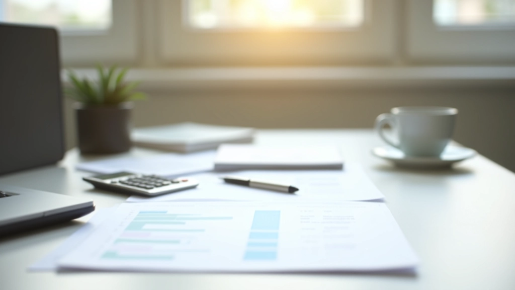 Finanzplanung mit Diagrammen und Notizen auf modernem Schreibtisch, helles Tageslicht, scharfer Fokus