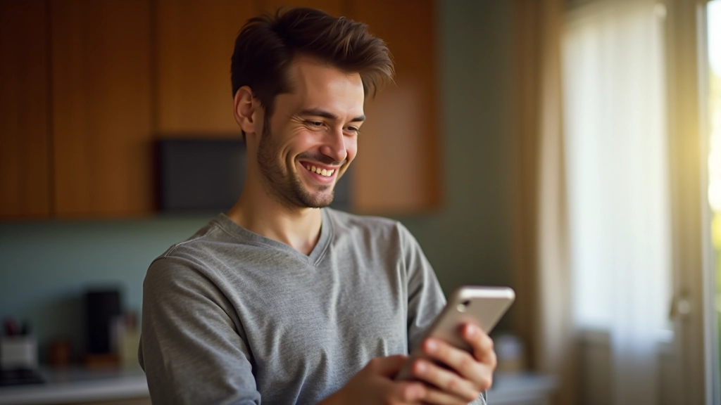 Person schaut auf Smartphone mit Lächeln, erfolgreich erreichtes Sparziel