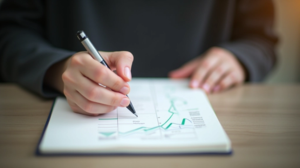 Person beim Schreiben von Finanzzielen in ein Notizbuch mit Diagrammen