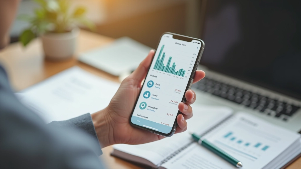 Hand mit Smartphone zeigt Banking-App mit Finanzdiagrammen und Sparzielen