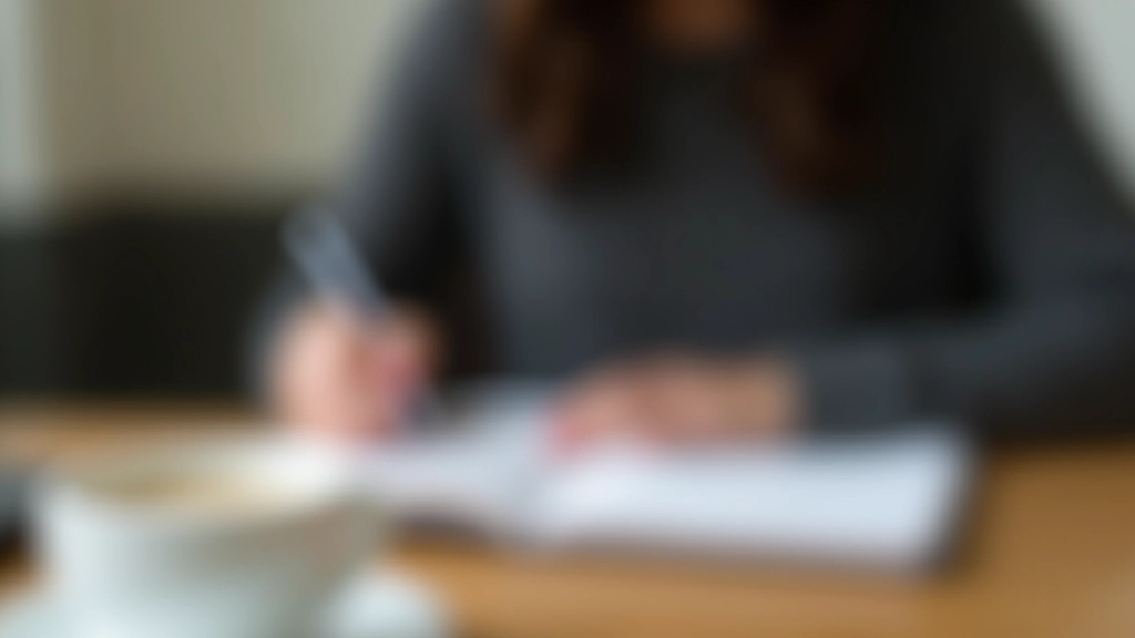 Person sitzt am Schreibtisch und notiert finanzielle Prioritäten in einem Notizbuch mit Kaffeetasse daneben