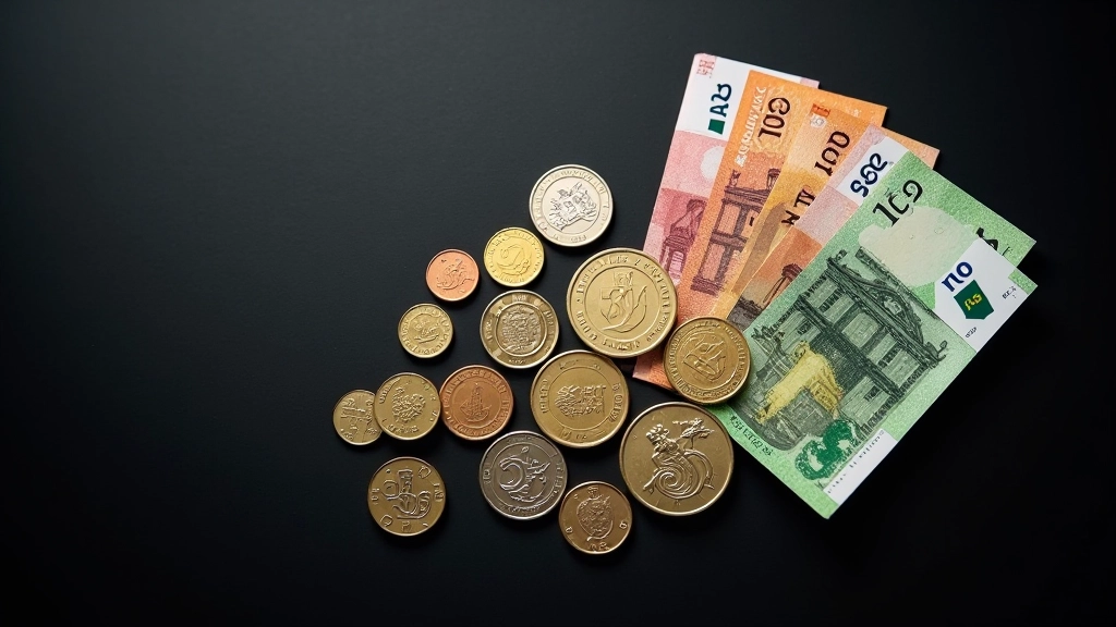 Verschiedene Münzen und Geldscheine ordentlich auf einem schwarzen Hintergrund arrangiert