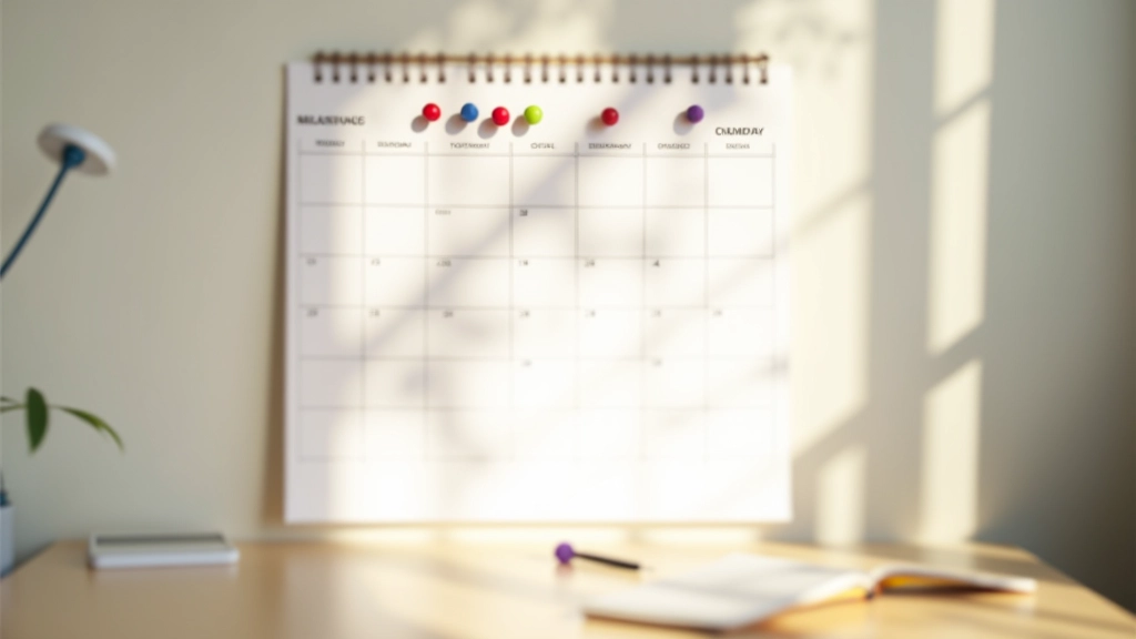 Kalender an Wand mit markierten Sparzielmonaten, kleine rote Pins kennzeichnen Meilensteine