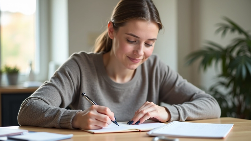 Person erstellt einen persönlichen Sparplan mit Notizbuch und Stift an einem Schreibtisch