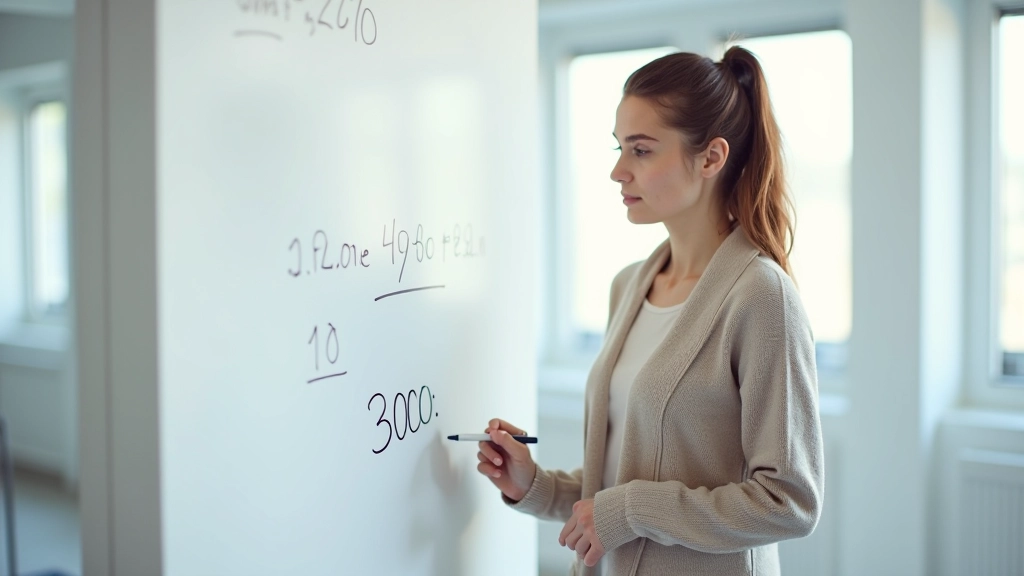 Frau schreibt Nummern und Ziele auf ein Whiteboard mit Marker, fokussierter Blick